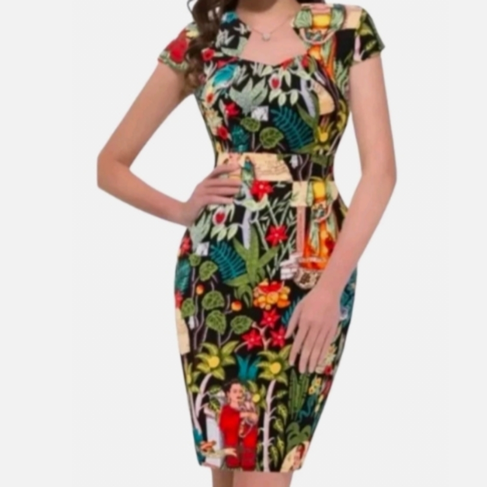 GRACE KARIN "Frida Kaholo" Black Multi Jungle Print Sheath | 2XL